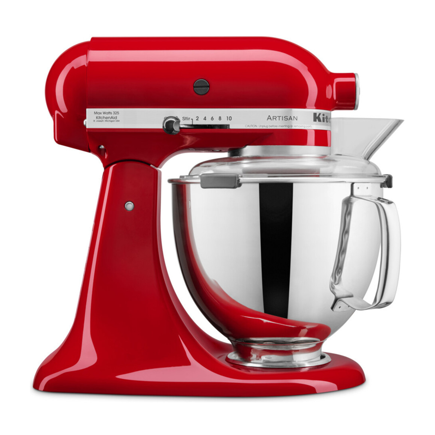 Un robot da cucina KitchenAid rosso. Ha una ciotola in acciaio inossidabile e una protezione dagli schizzi trasparente.