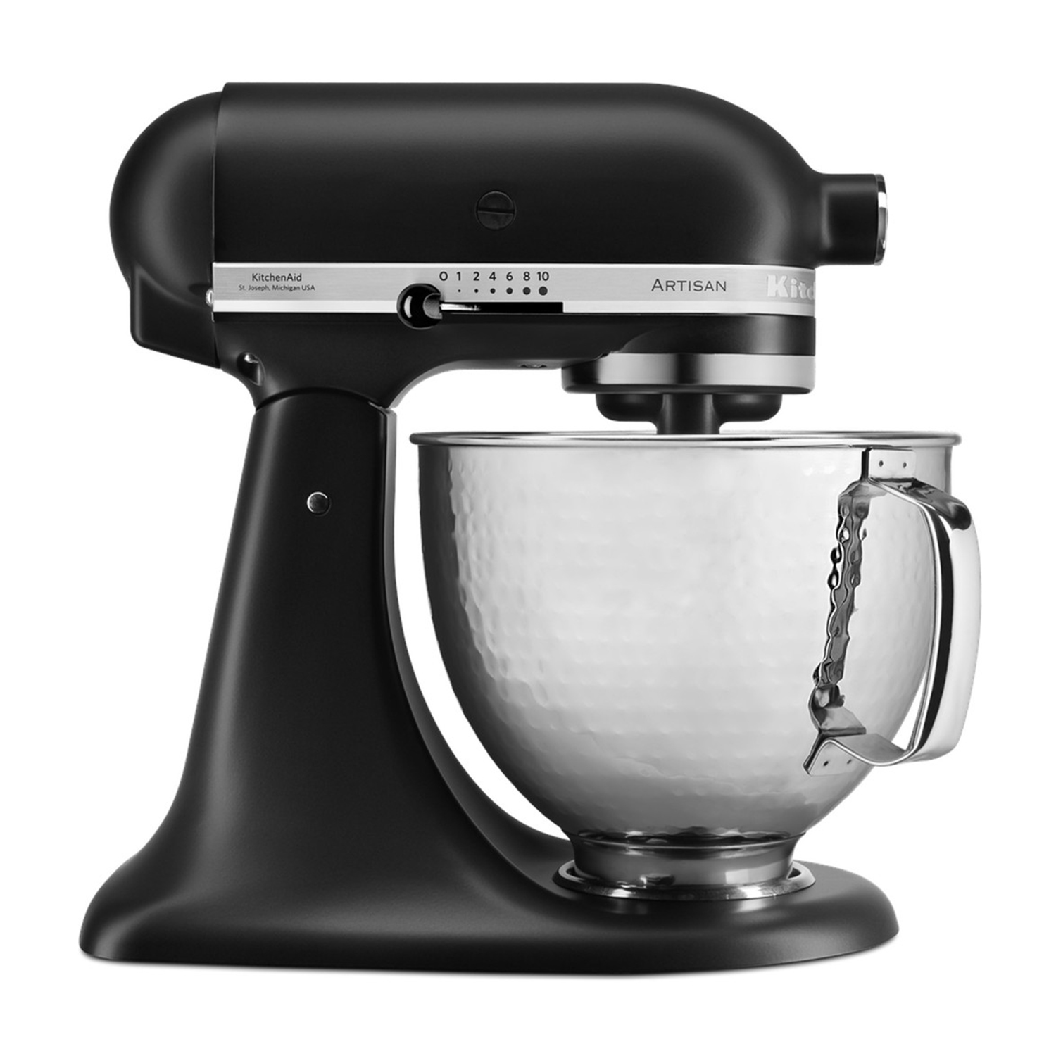 Un mixer KitchenAid nero con una ciotola in acciaio inossidabile. Il marchio è visibile.