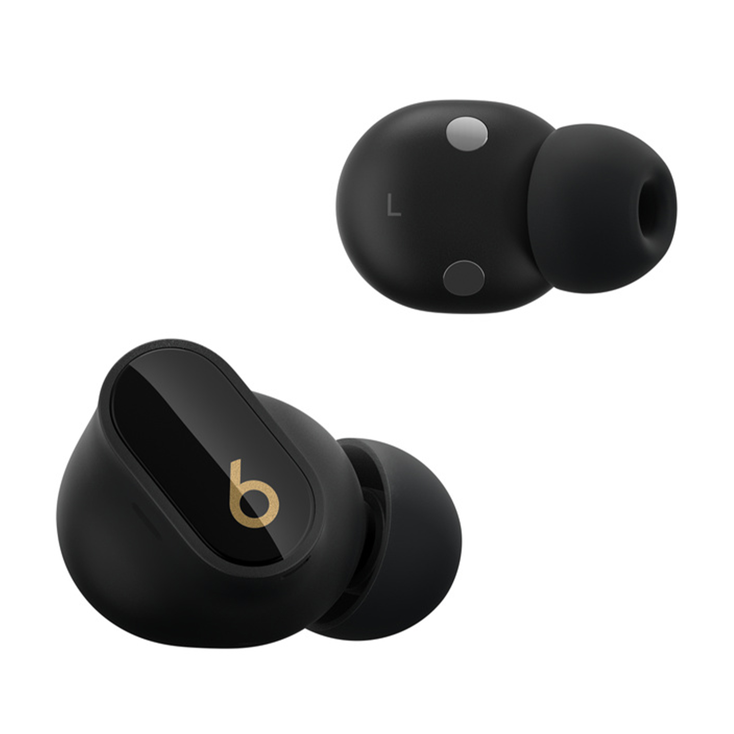 Due auricolari wireless neri, uno con marchio oro e uno con un punto argento.