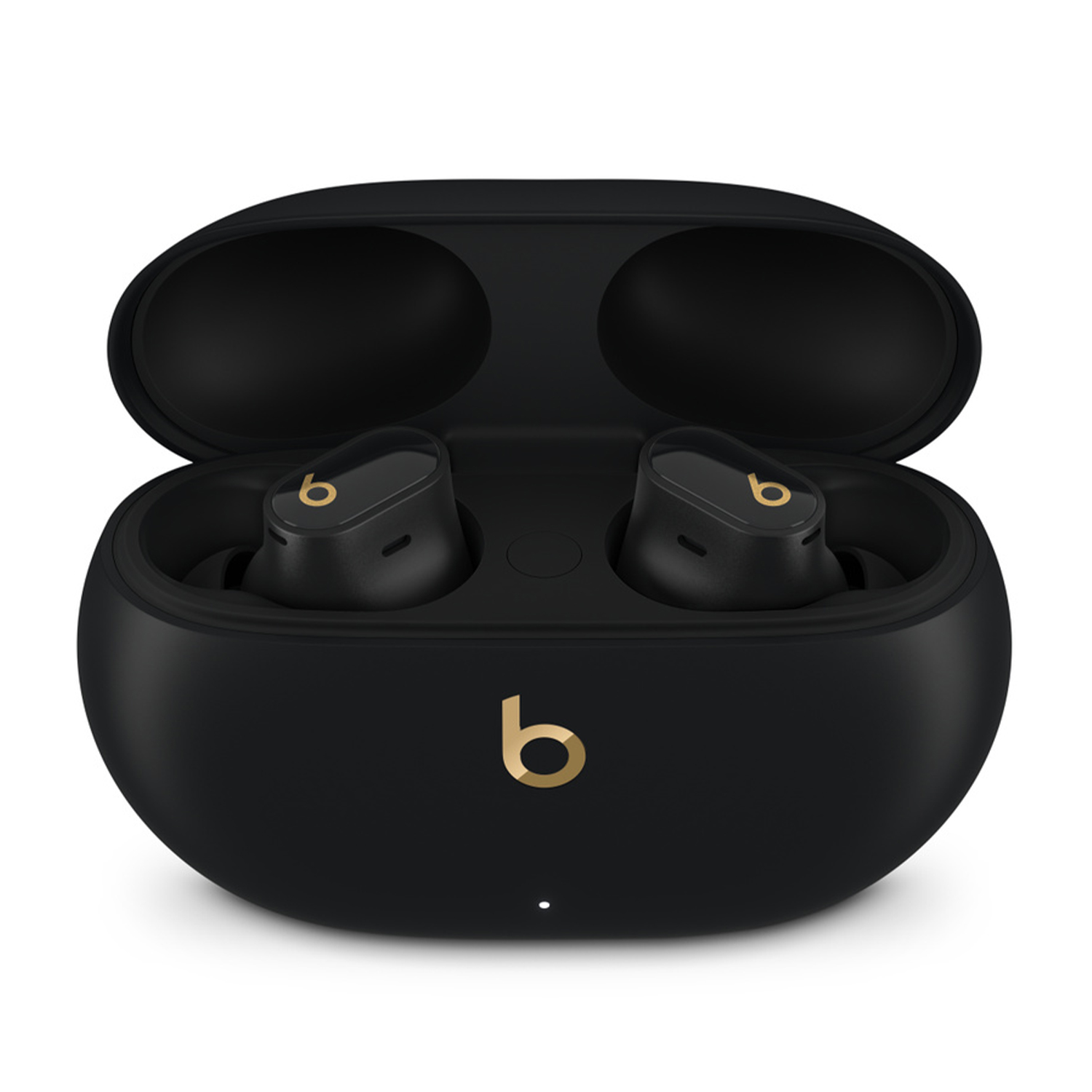 Auricolari wireless Beats Studio Buds neri in una custodia di ricarica aperta, che mostra gli auricolari.