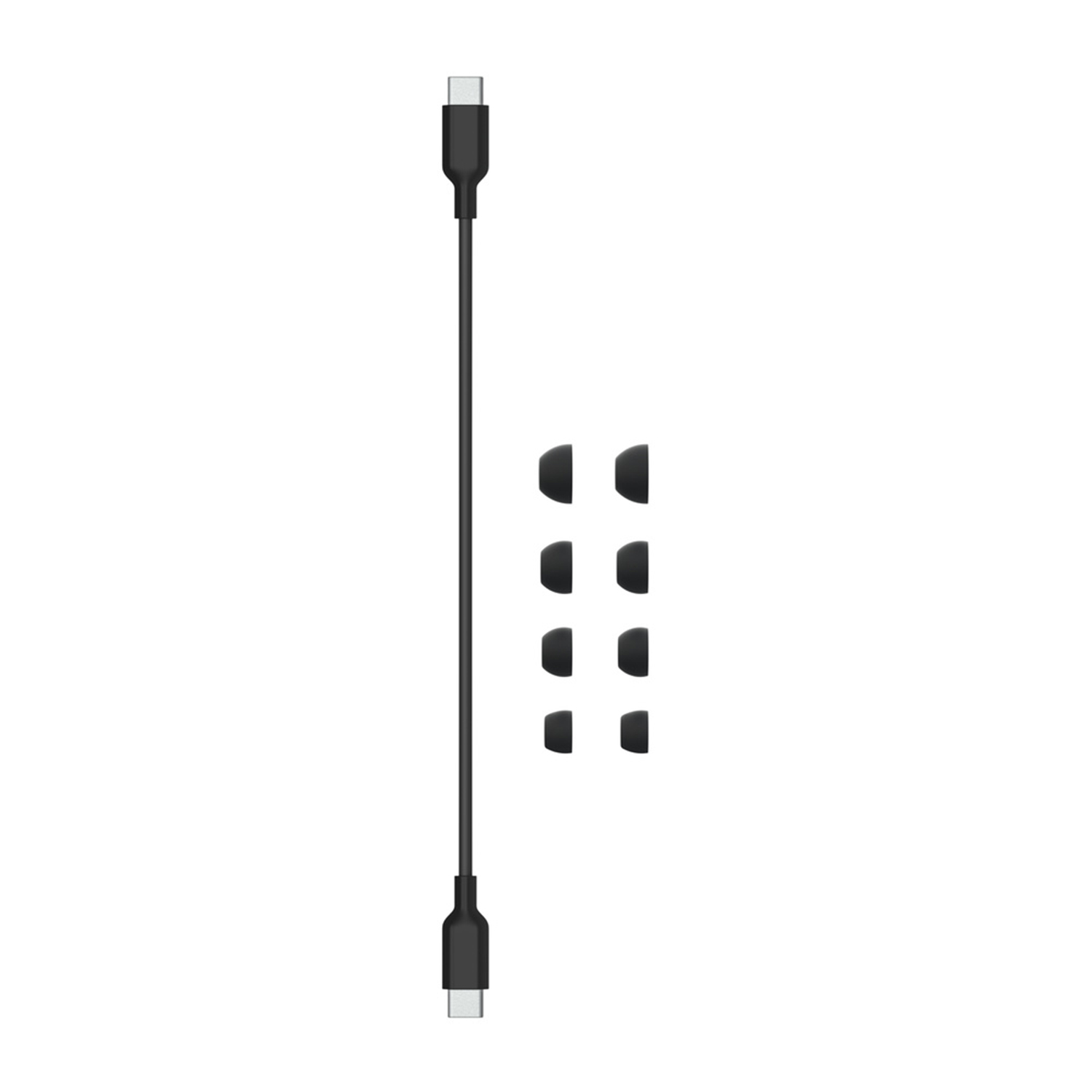 Un cavo USB-C nero con gommini e una custodia di ricarica nera su sfondo bianco.