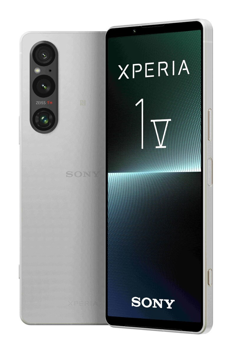 Biały telefon Sony Xperia 1 V, dwa widoki, pokazujący tył z obiektywami i ekran.