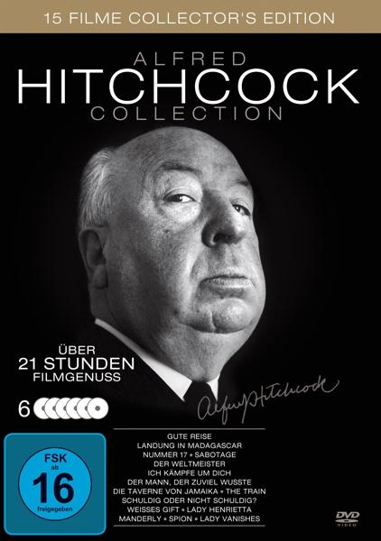 Alfred Hitchcock Collection DVD-Cover mit Hitchcocks Porträt und Text in Schwarzweiß.