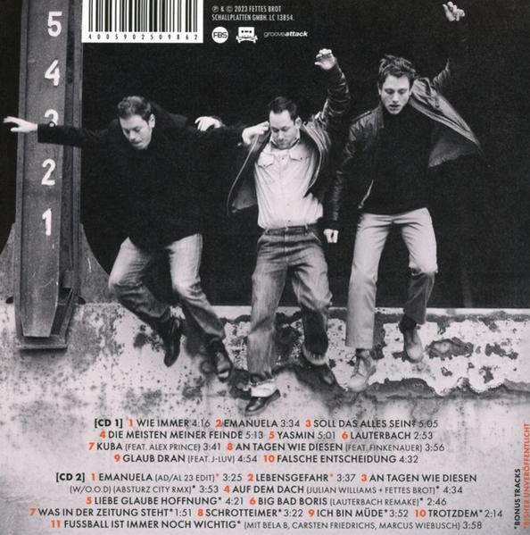 Albumcover mit drei springenden Männern, schwarz, weiß und grau, mit Songtiteln.