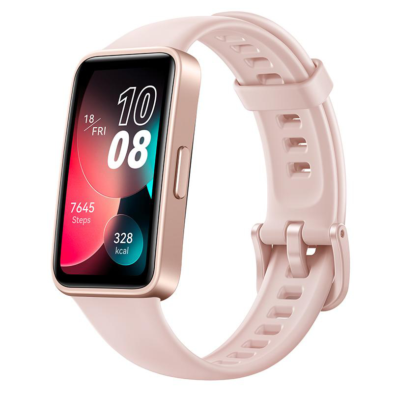 Rosa Smartwatch mit Anzeige von Zeit, Datum, Schritten und Kalorien. Rosa Armband.