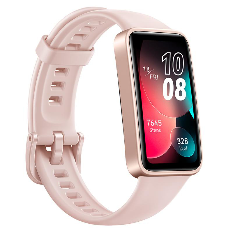 Rosafarbene Smartwatch mit rechteckigem Display, zeigt Zeit, Schritte und Kalorien.