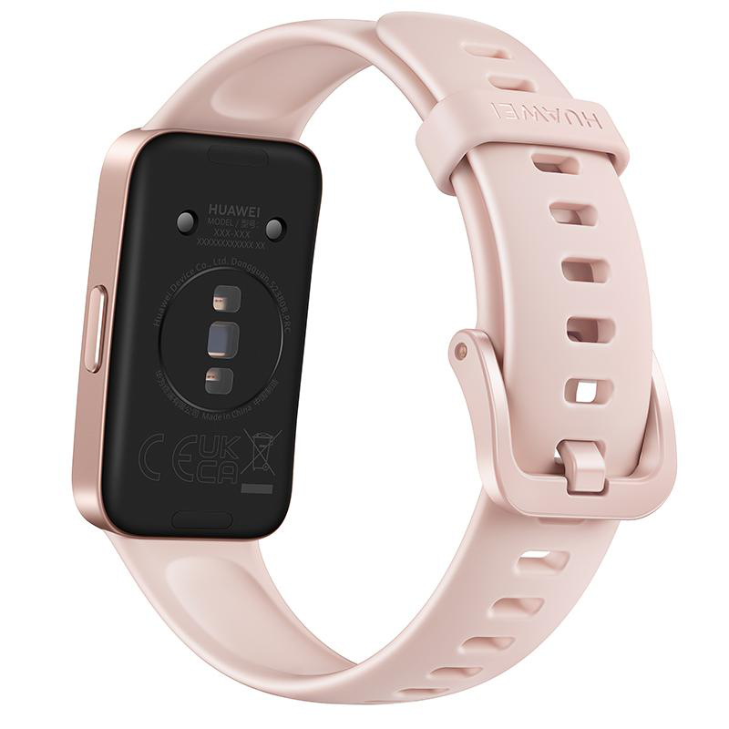 Eine roségoldene Huawei Smartwatch mit pinkfarbenem Armband, Rückseite und Verschlussdetails zeigend.