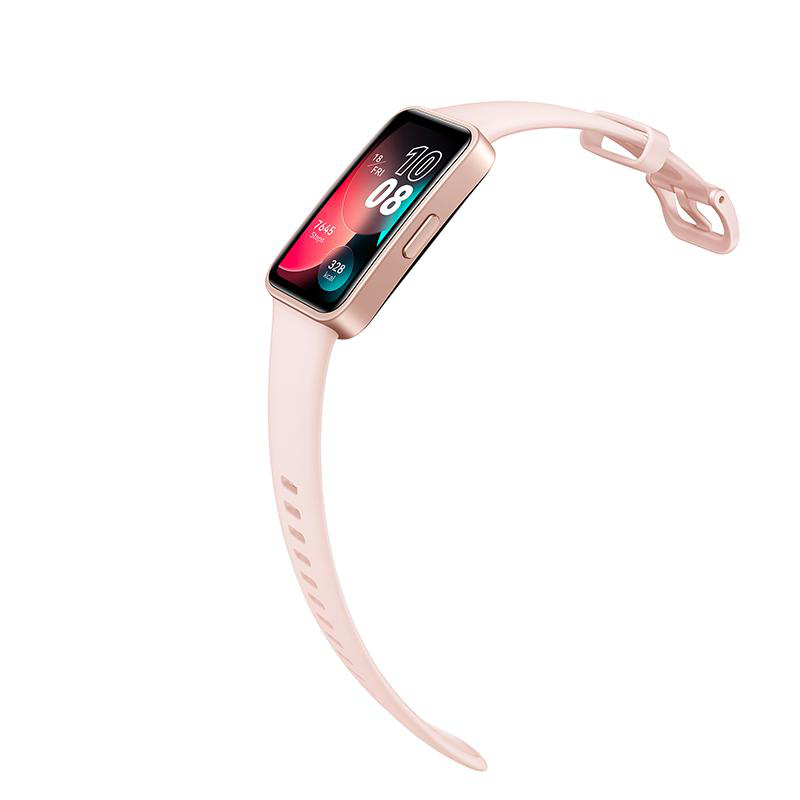 Eine rosa Smartwatch mit rosa Armband, zeigt Datums- und Uhrzeitanzeige.