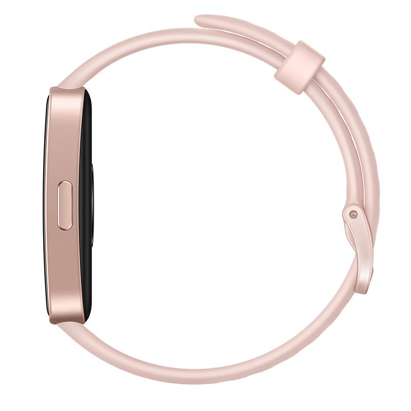 Rosafarbene Smartwatch mit gebogenem Display und rosa Armband, Seitenansicht, auf weißem Hintergrund.