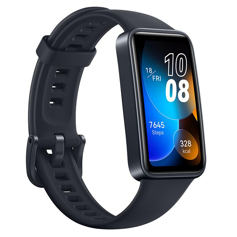 Schwarze Smartwatch am Handgelenk. Zeigt Zeit, Datum, Schritte und verbrannte Kalorien an.