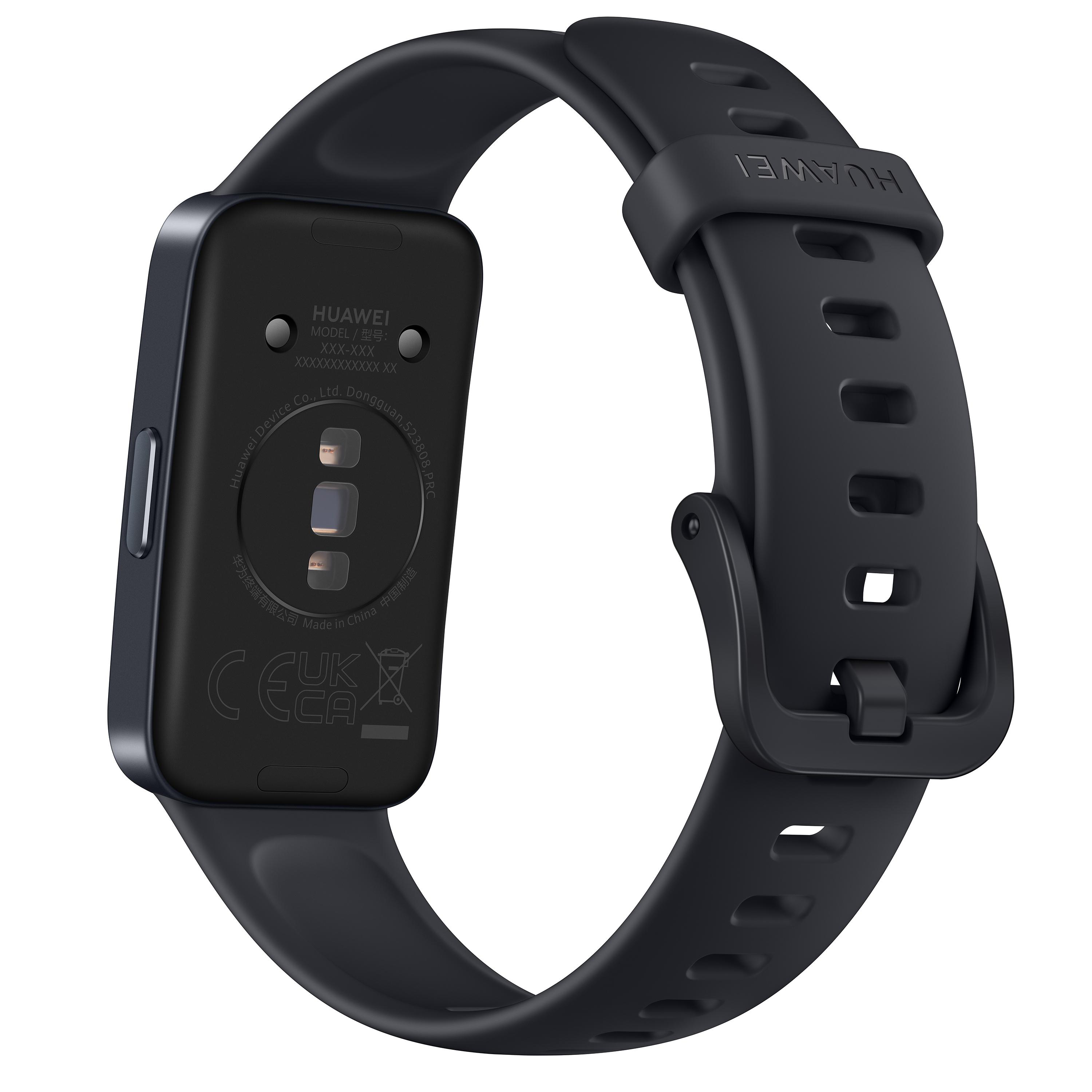 Die Rückseite eines schwarzen Huawei Fitness-Trackers. Das Armband ist befestigt. Der Markenname ist sichtbar.