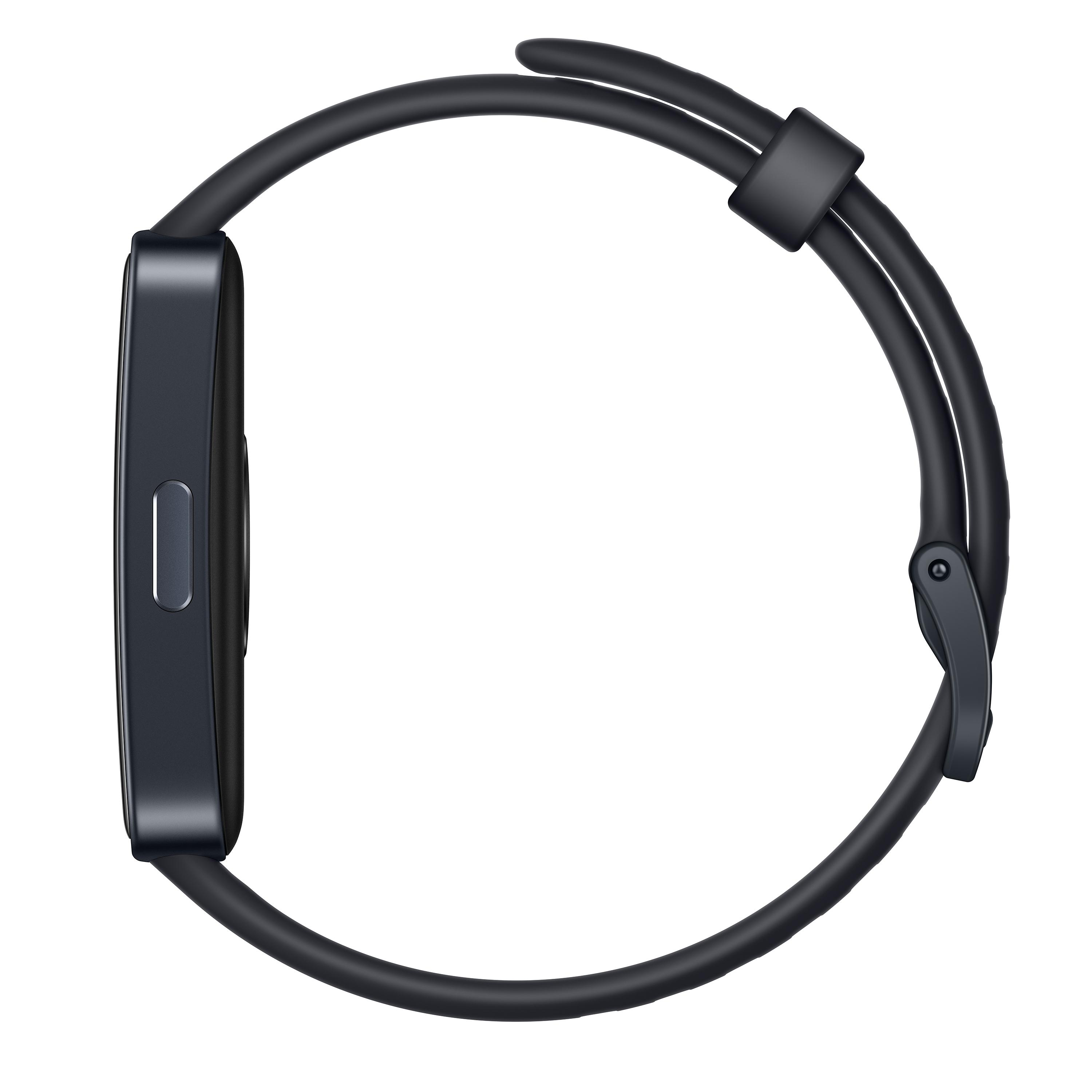 Schwarze Smartwatch mit schwarzem Armband, Seitenansicht, auf weißem Hintergrund.