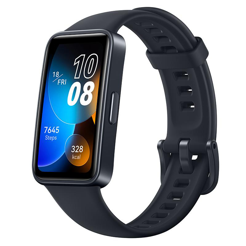 Schwarze Smartwatch mit Digitalanzeige, die Uhrzeit, Datum, Schritte und Kalorien anzeigt.