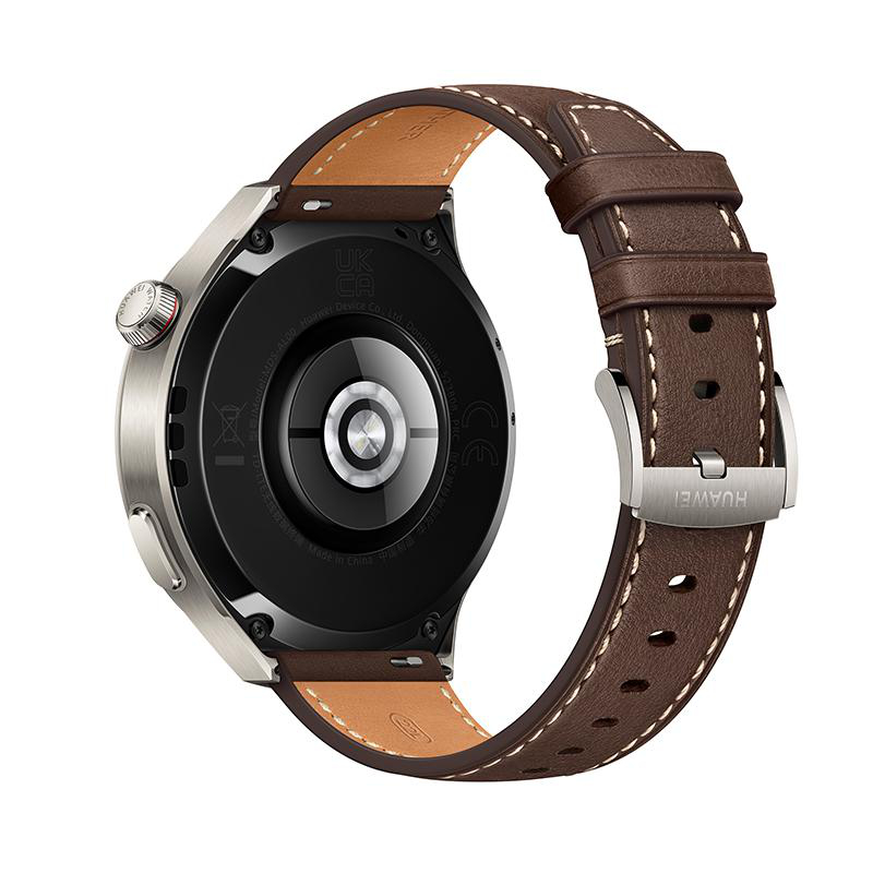 Smartwatch, braunes Lederarmband, silbernes Gehäuse, Huawei-Logo.