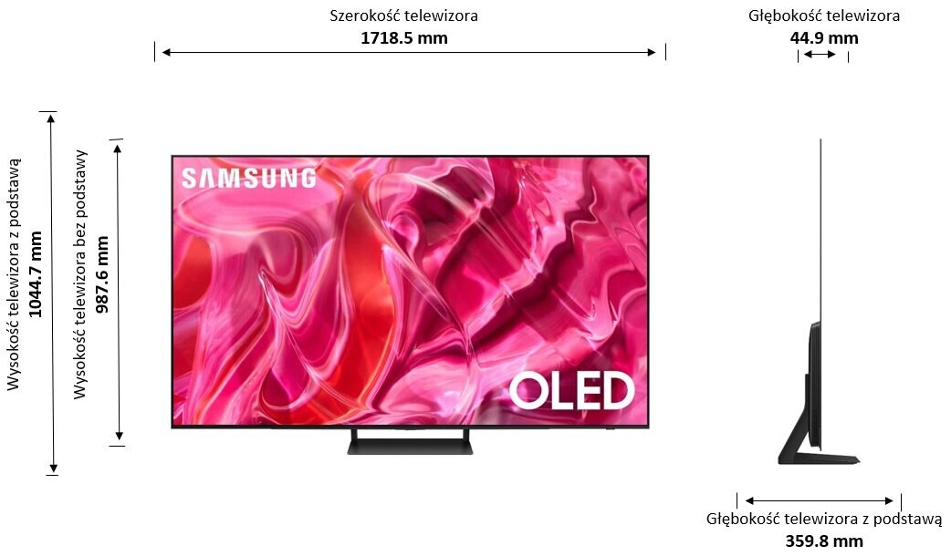 Wymiary telewizora Samsung OLED, widok z przodu i z boku.