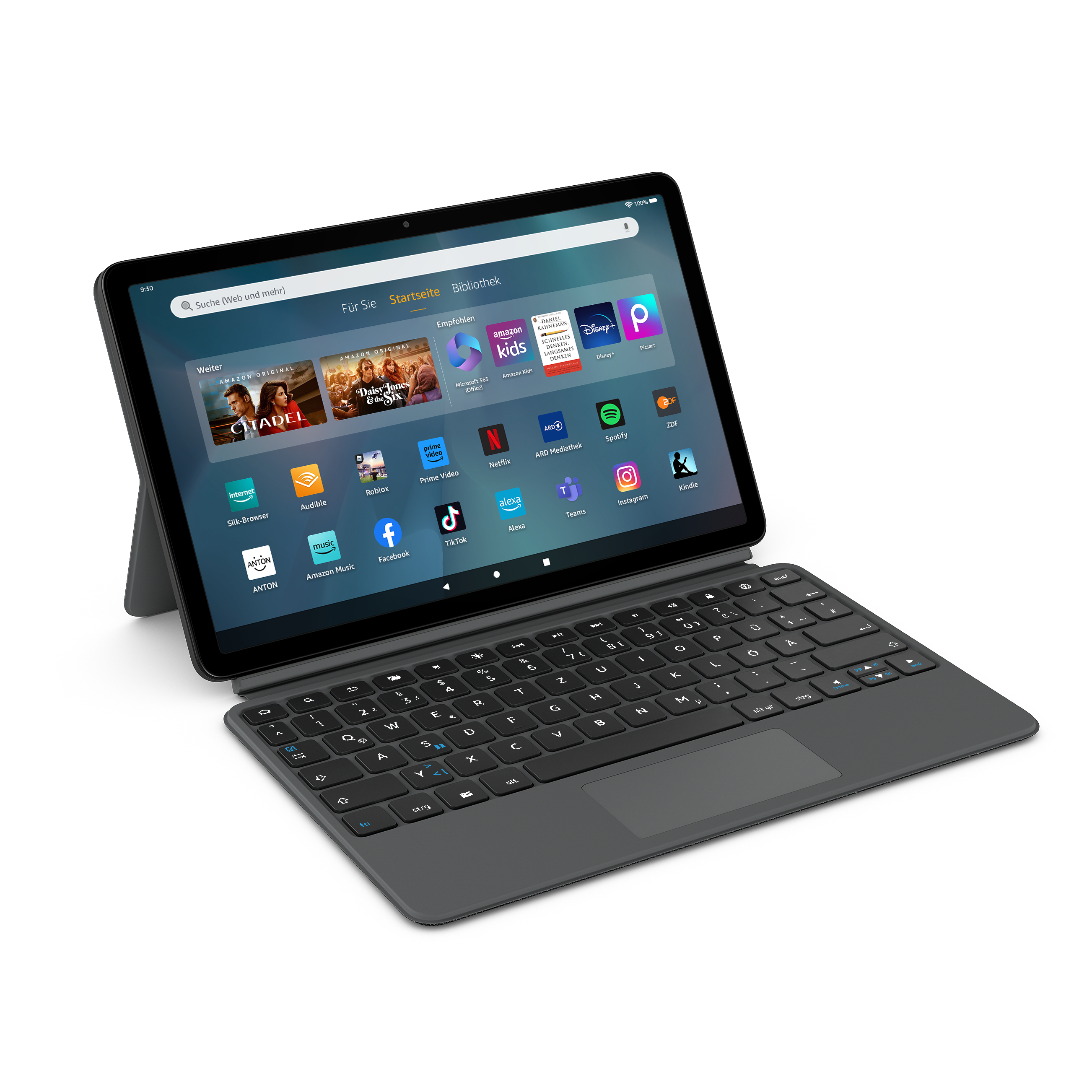 Tablet mit Tastaturhülle. Der Bildschirm zeigt App-Symbole.