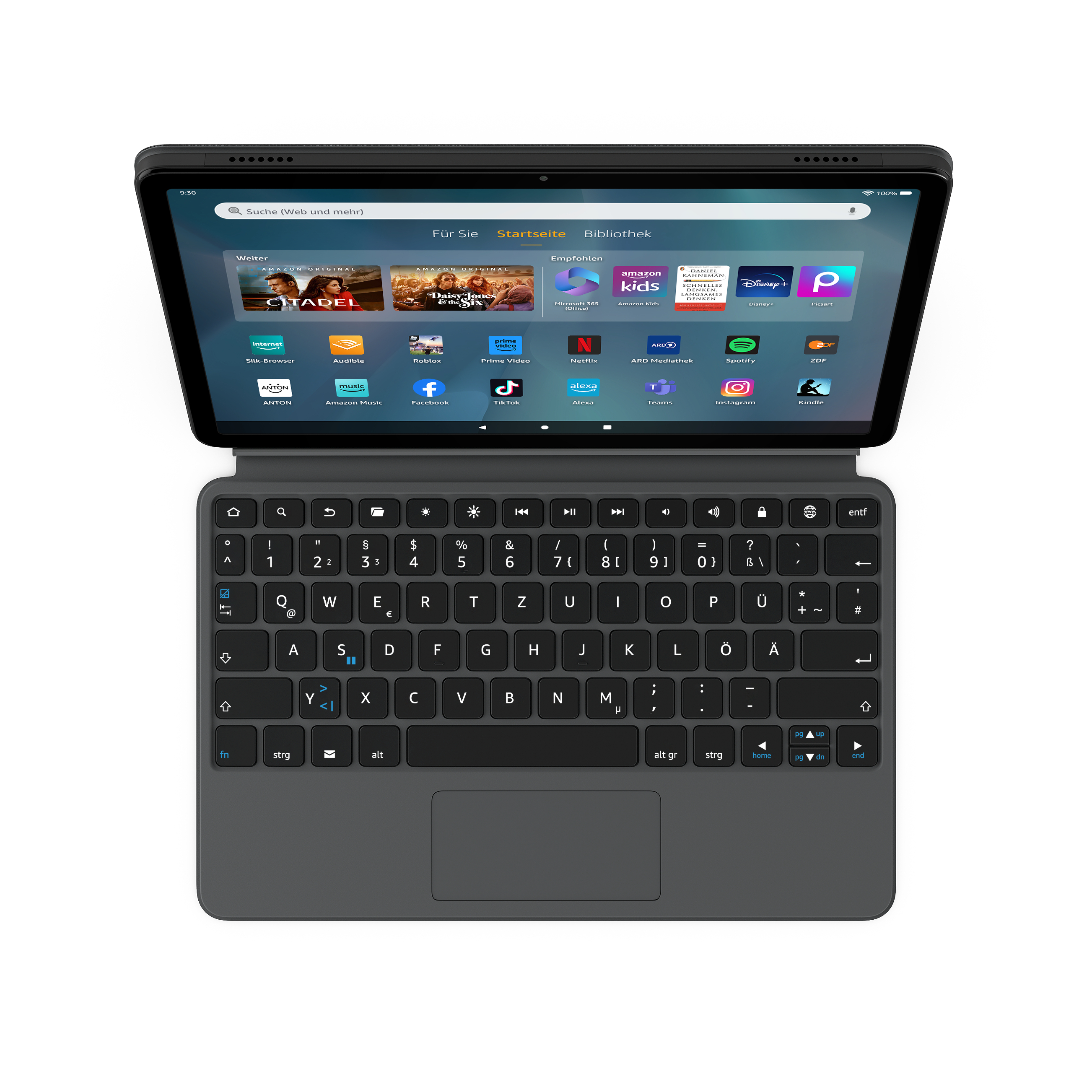 Ein Tablet mit Tastaturhülle, das einen Startbildschirm mit App-Symbolen anzeigt.