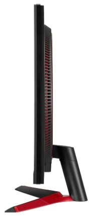 Widok z boku czarnego i czerwonego monitora komputera, białe tło.