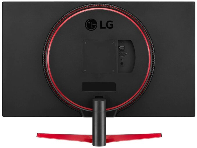 Tył czarnego monitora LG z czerwonym okrągłym akcentem. Widoczne porty.