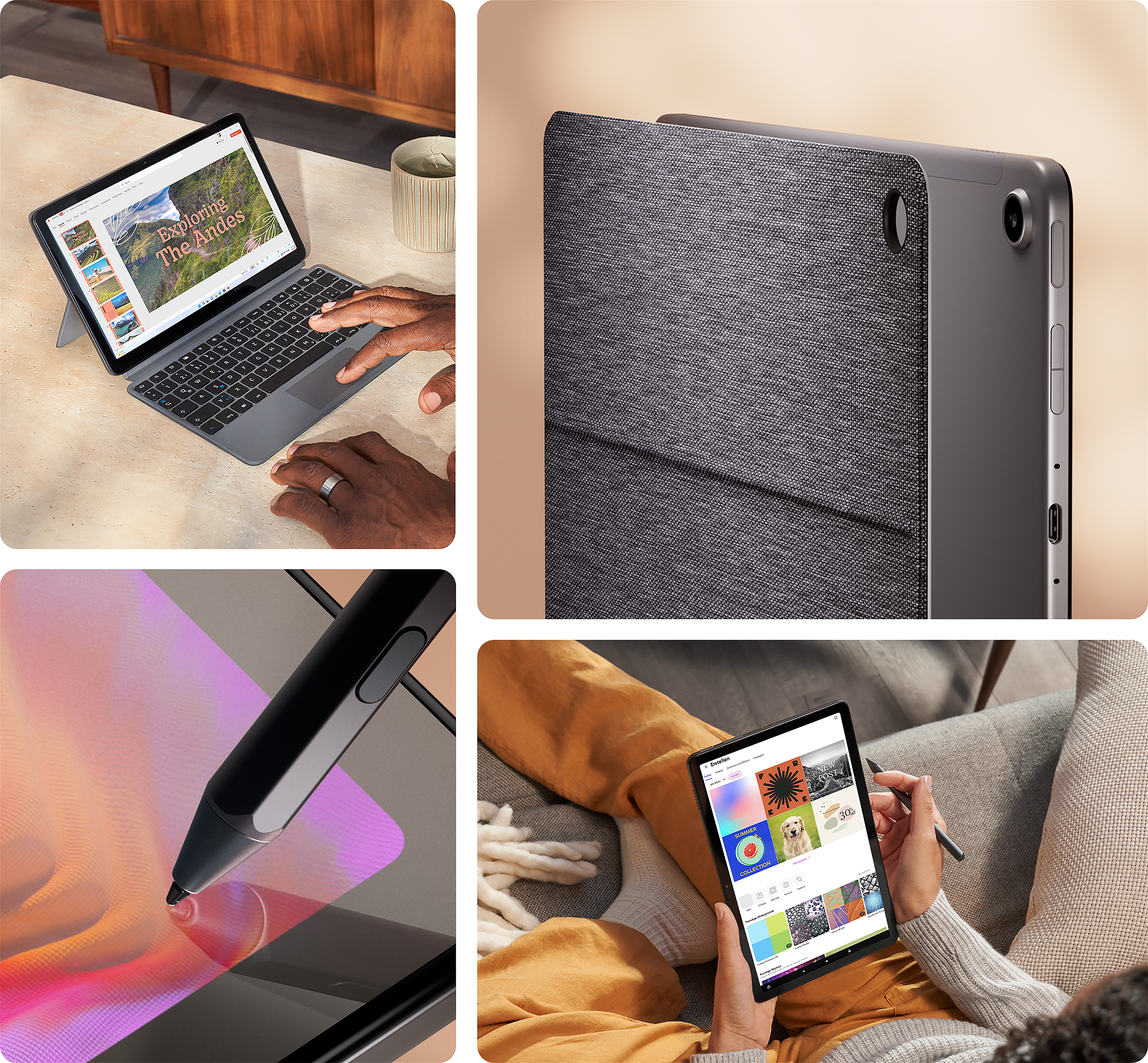 Tablet mit Tastatur. Person benutzt es. Nahaufnahme Stift. Tablet in Gebrauch.