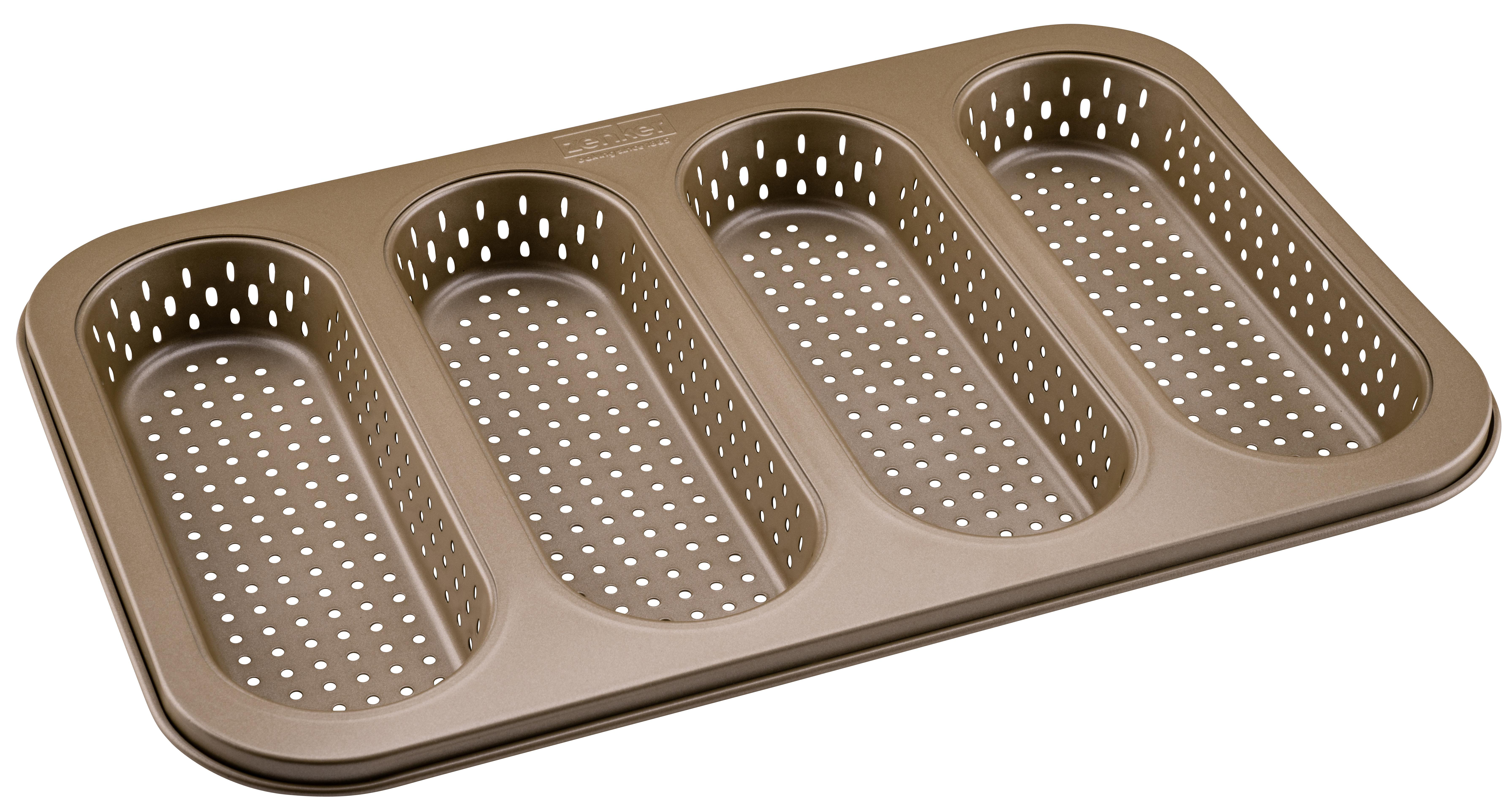 Eine braune Metall-Baguette-Backform mit vier Schlitzen. Es hat viele kleine Löcher zur Belüftung.