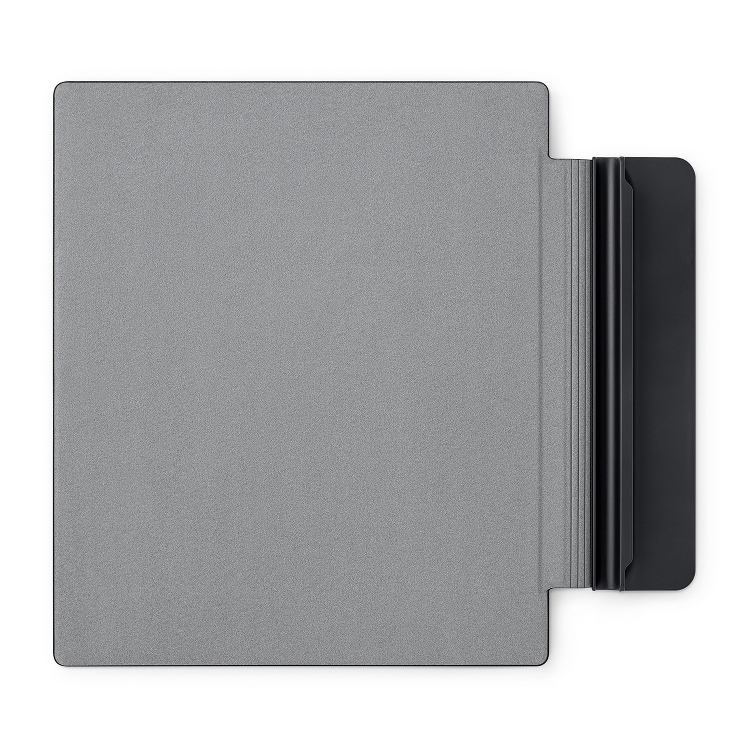 Una cover grigia per tablet con un lato nero, su sfondo bianco.