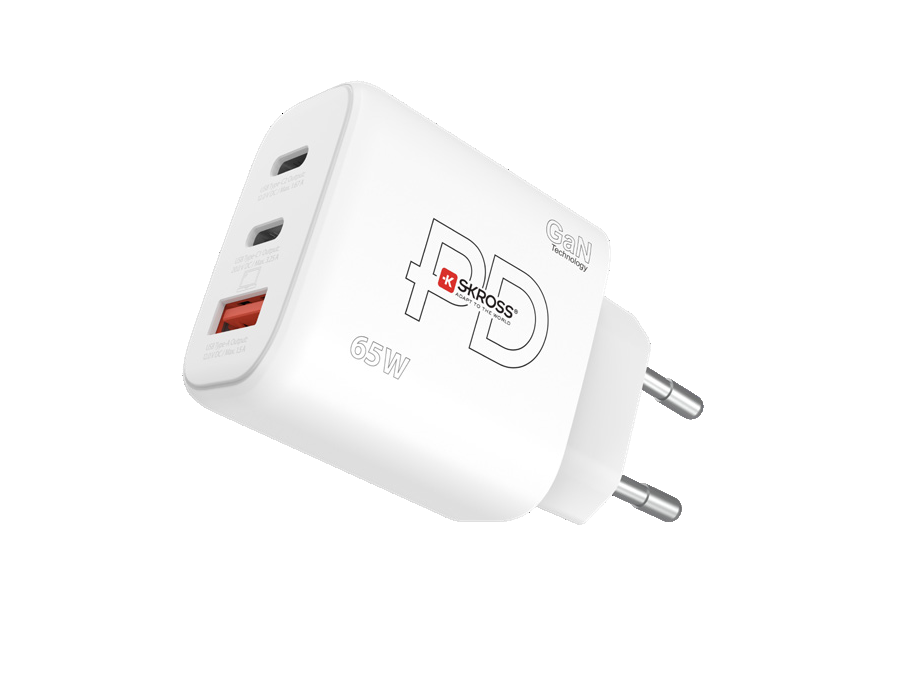 Weißes SKROSS 65W Ladegerät mit zwei USB-C-Anschlüssen und EU-Stecker.