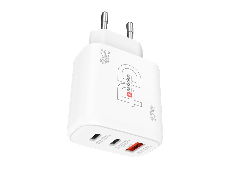 Weißes 65W-Ladegerät mit zwei Stiften, beschriftet mit 'GaN Technology' und '65W'.