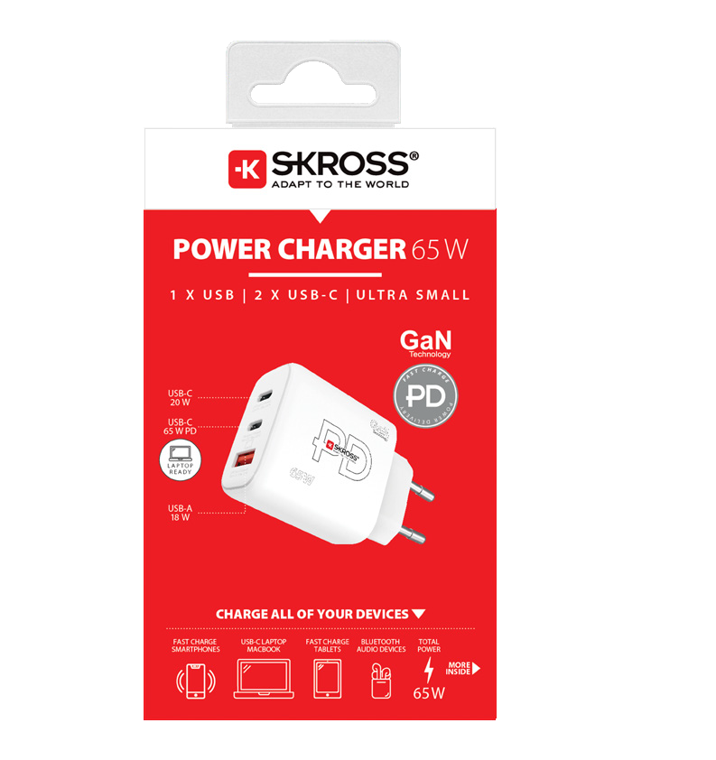 Weiße Power-Charger-Box mit mehreren Anschlüssen. Text: 'Power Charger 65W'. Skross-Logo.