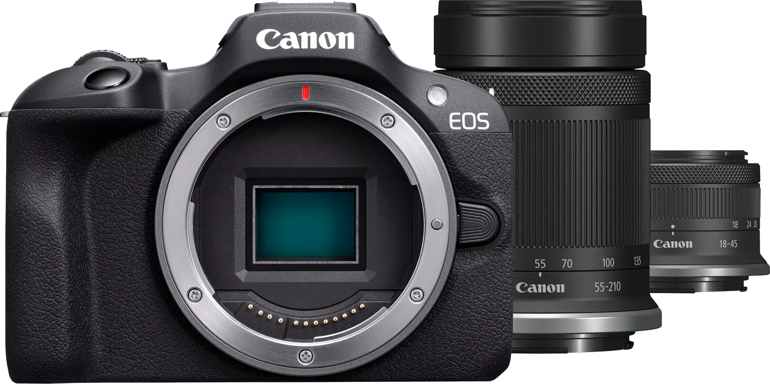 Schwarze Canon Kamera. Objektiv und Gehäuse sind sichtbar. Silberner Objektivanschluss.