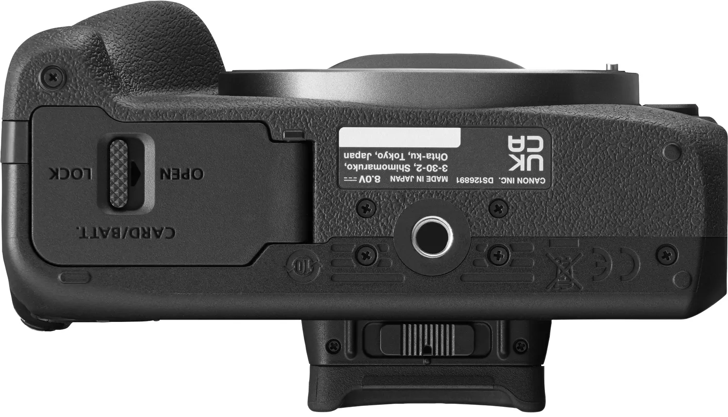 Canon Kamera, Draufsicht, mit offenem Karten-/Batteriefach.