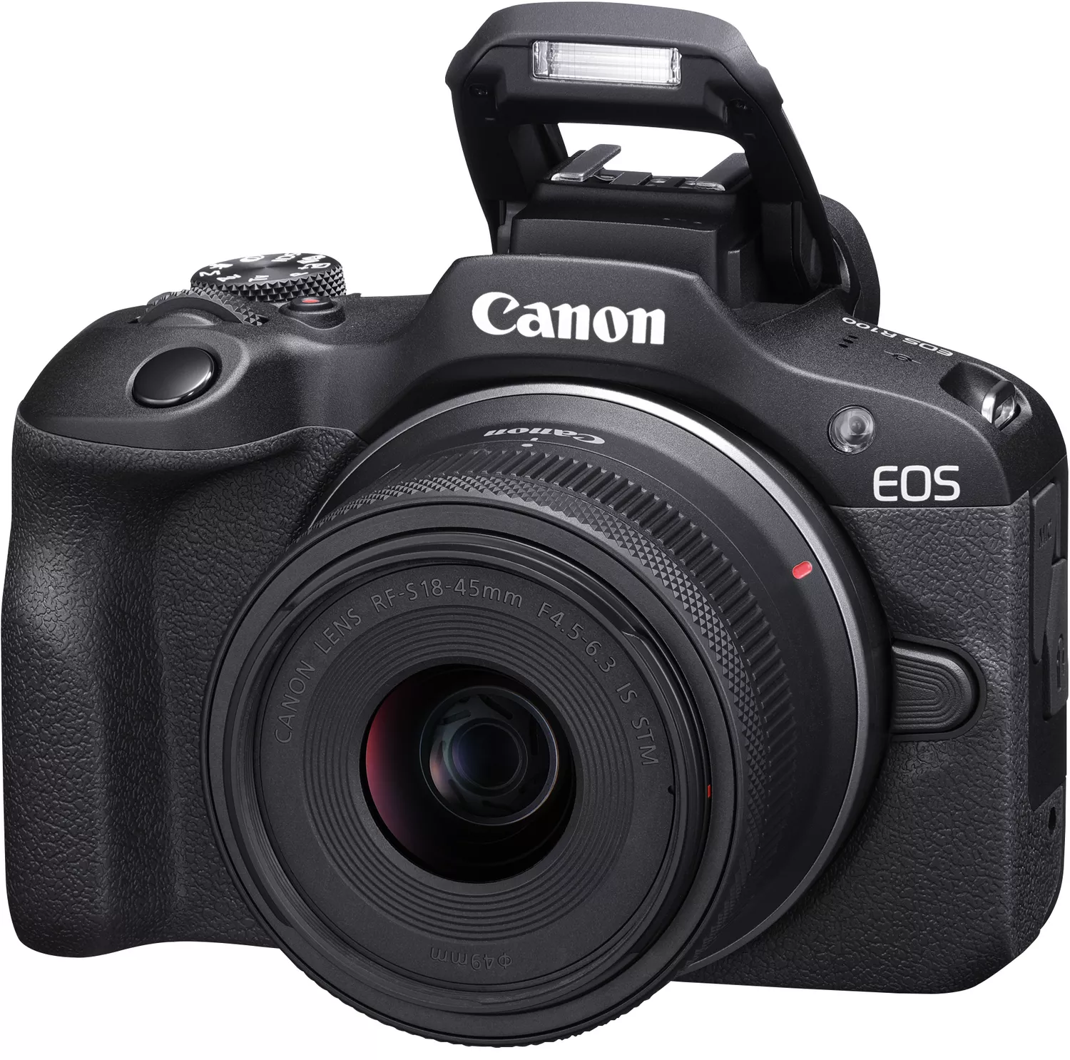 Eine schwarze Canon EOS Kamera mit Objektiv und Blitz, Vorderansicht, vor weißem Hintergrund.