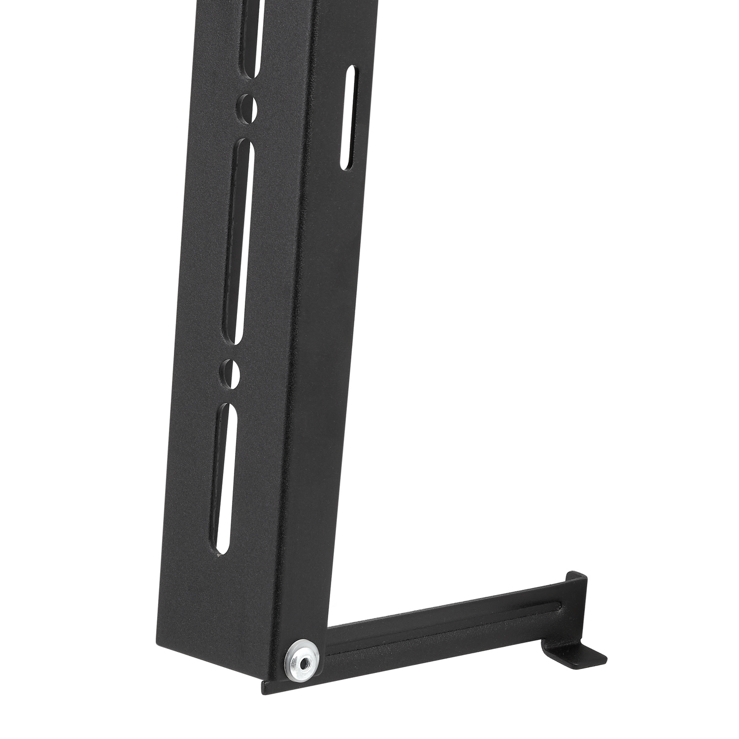 Black metal bracket with holes and slots. L-shaped design. Close-up view. White background.
