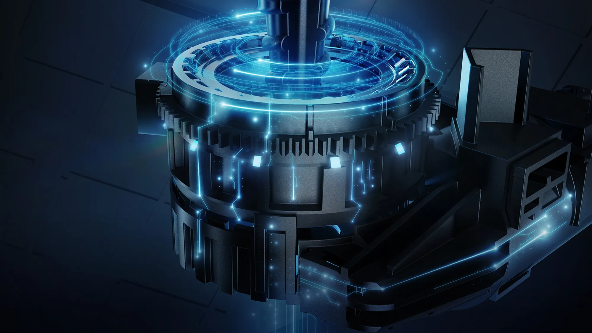 Eine komplexe dunkle Maschine mit blau leuchtenden holografischen Ringen und Schaltkreisen auf dunklem Hintergrund.