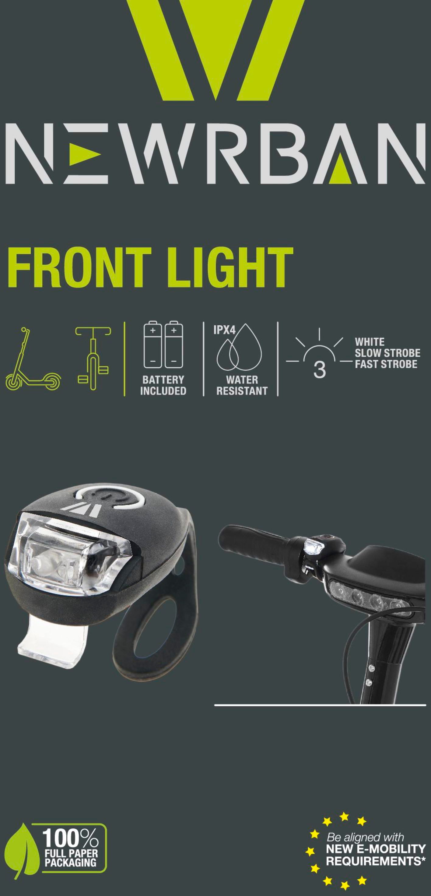 Schwarzes Frontlicht für Roller mit Text NEWRBAN, Symbolen und Text zu den Lichtmodi.