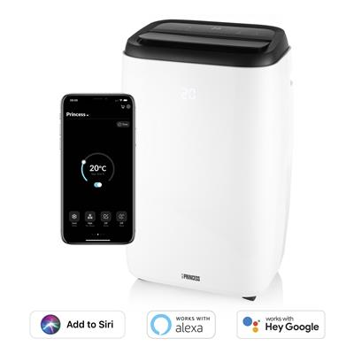 Witte airconditioner met zwarte bovenkant, smartphone toont temperatuur, Alexa/Siri-iconen.