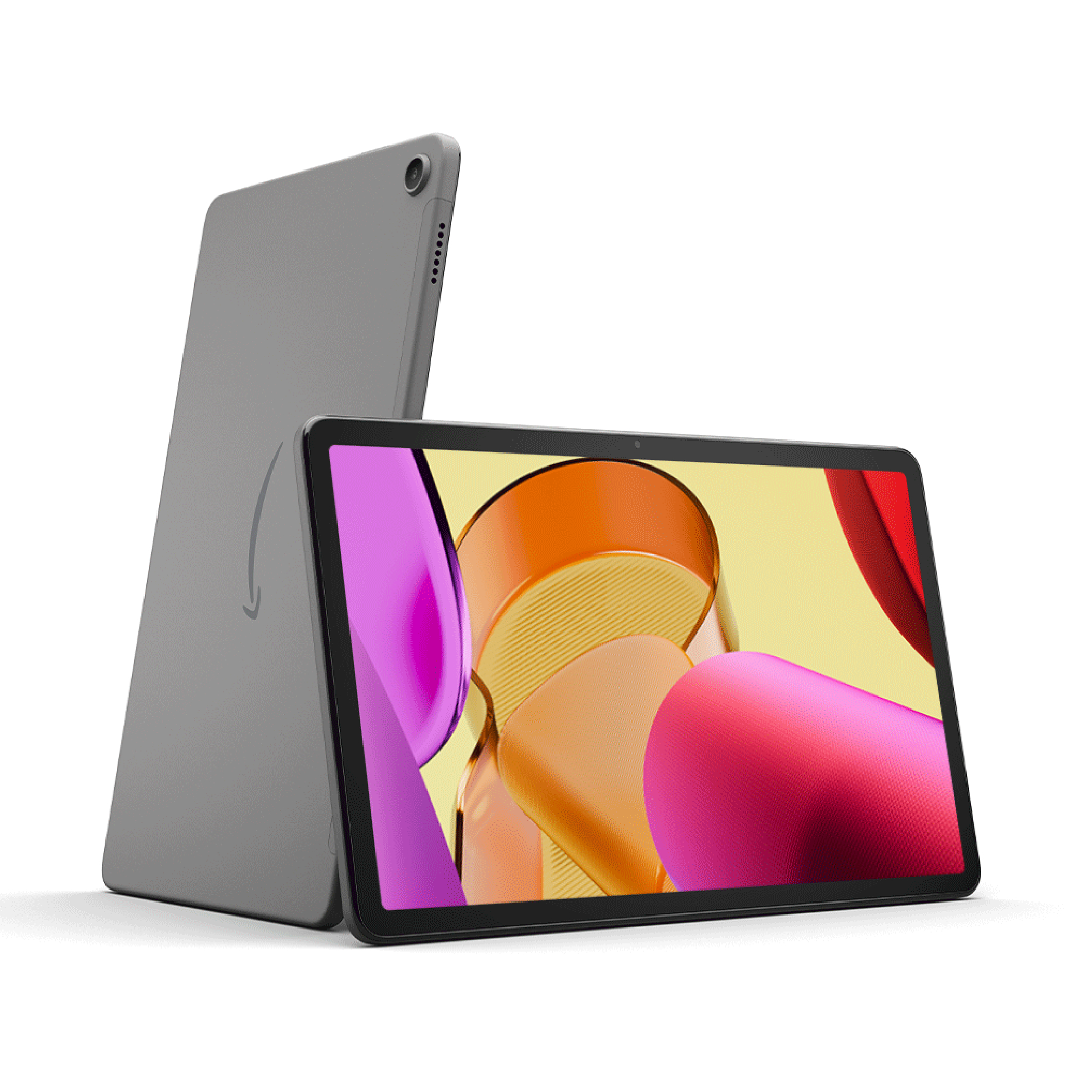 Zwei graue Tablets, eines gelehnt, eines mit farbenfrohem Bildschirm, weißer Hintergrund.