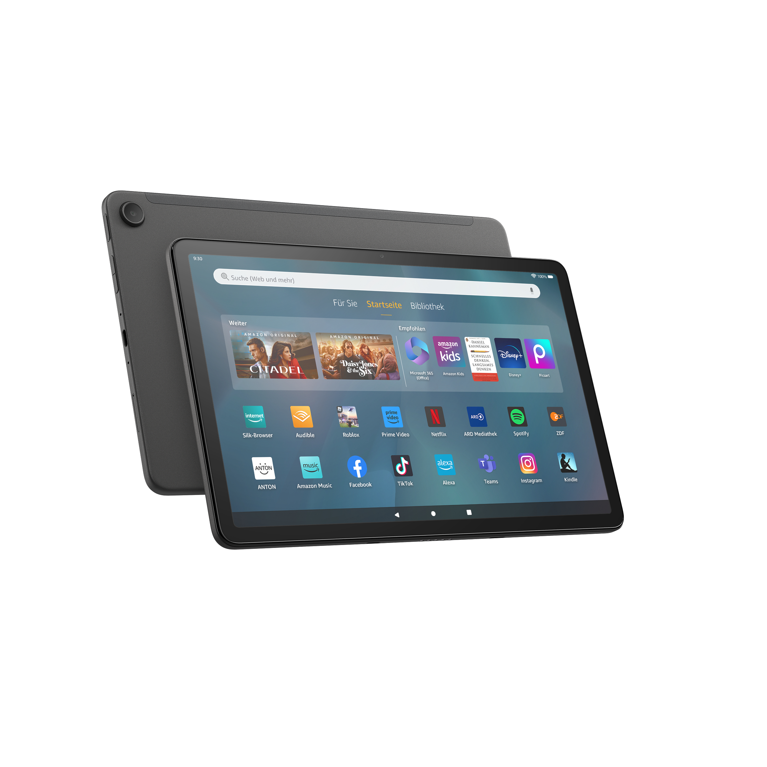 Ein dunkelgraues Tablet, das ein App-Raster zeigt, mit einem zweiten Tablet.