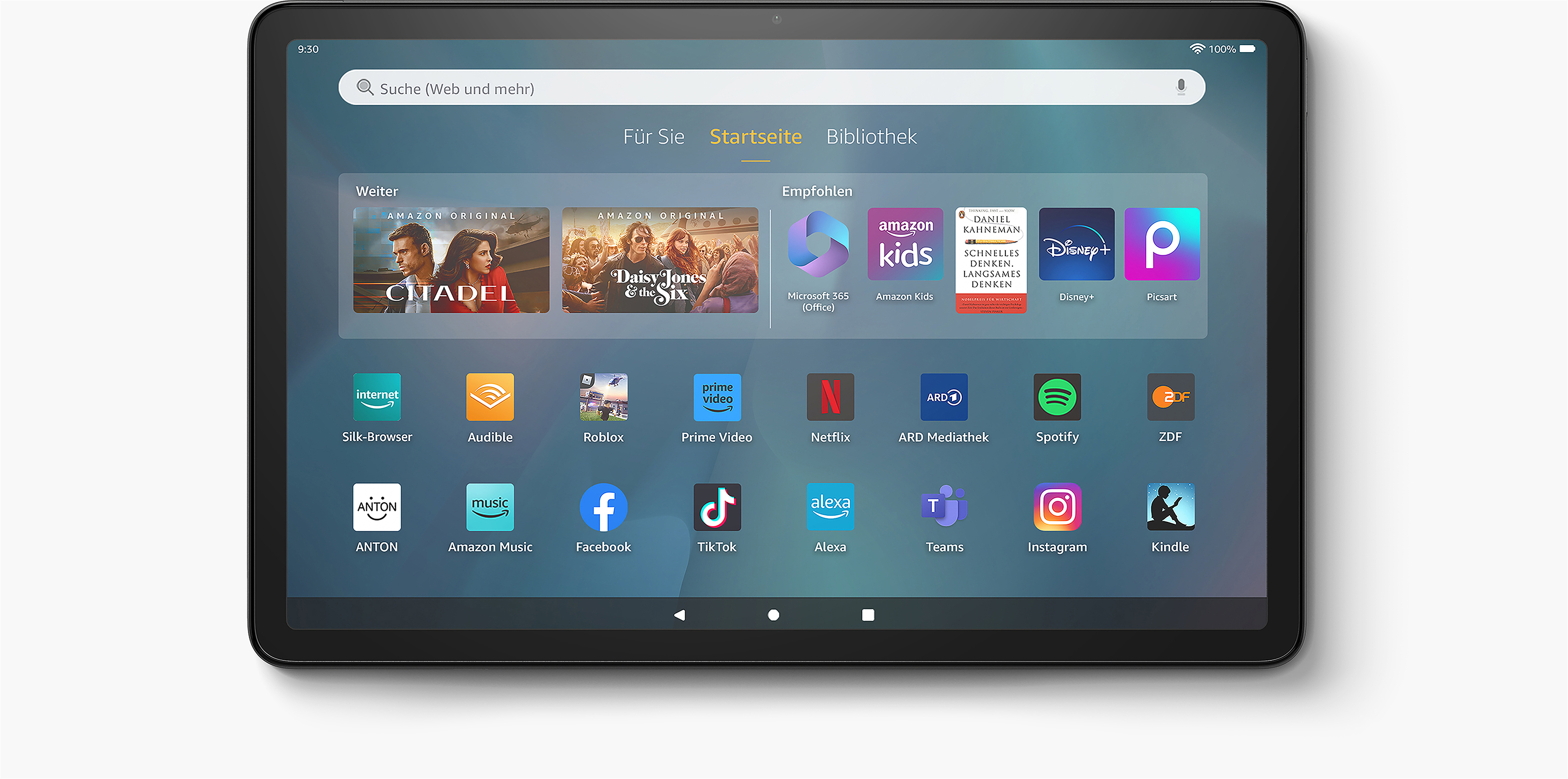Ein schwarzes Tablet mit Apps auf dem Bildschirm. Der Hintergrund ist weiß.