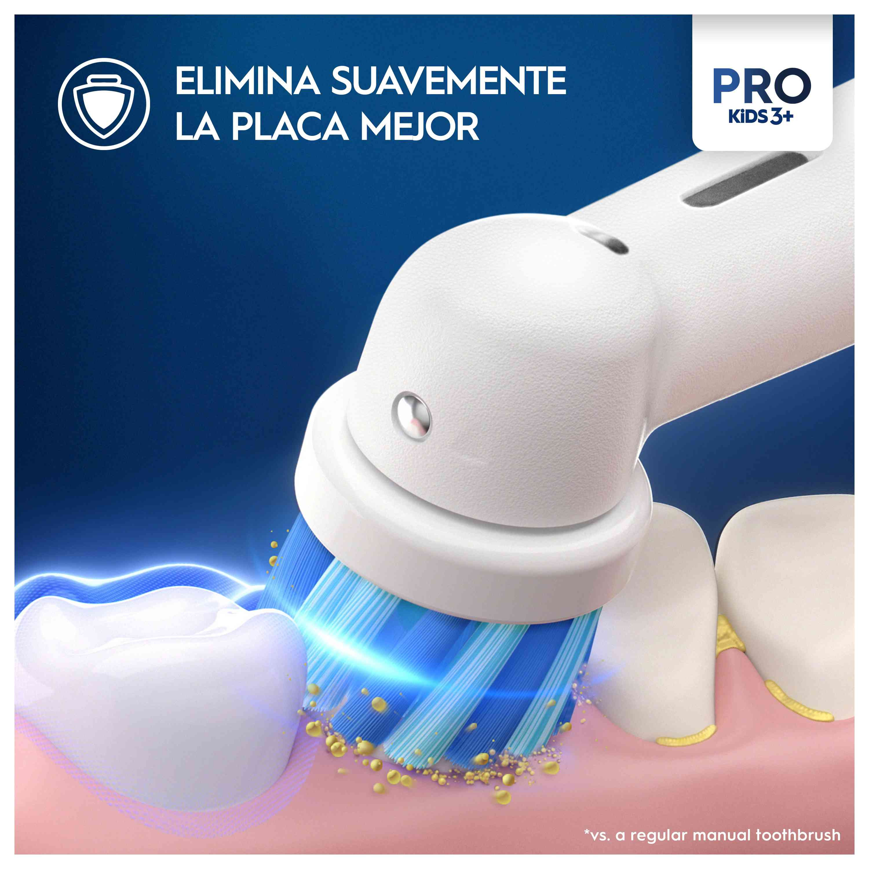 Un cabezal de cepillo de dientes limpiando dientes. El texto dice: ELIMINA SUAVEMENTE LA PLACA MEJOR.