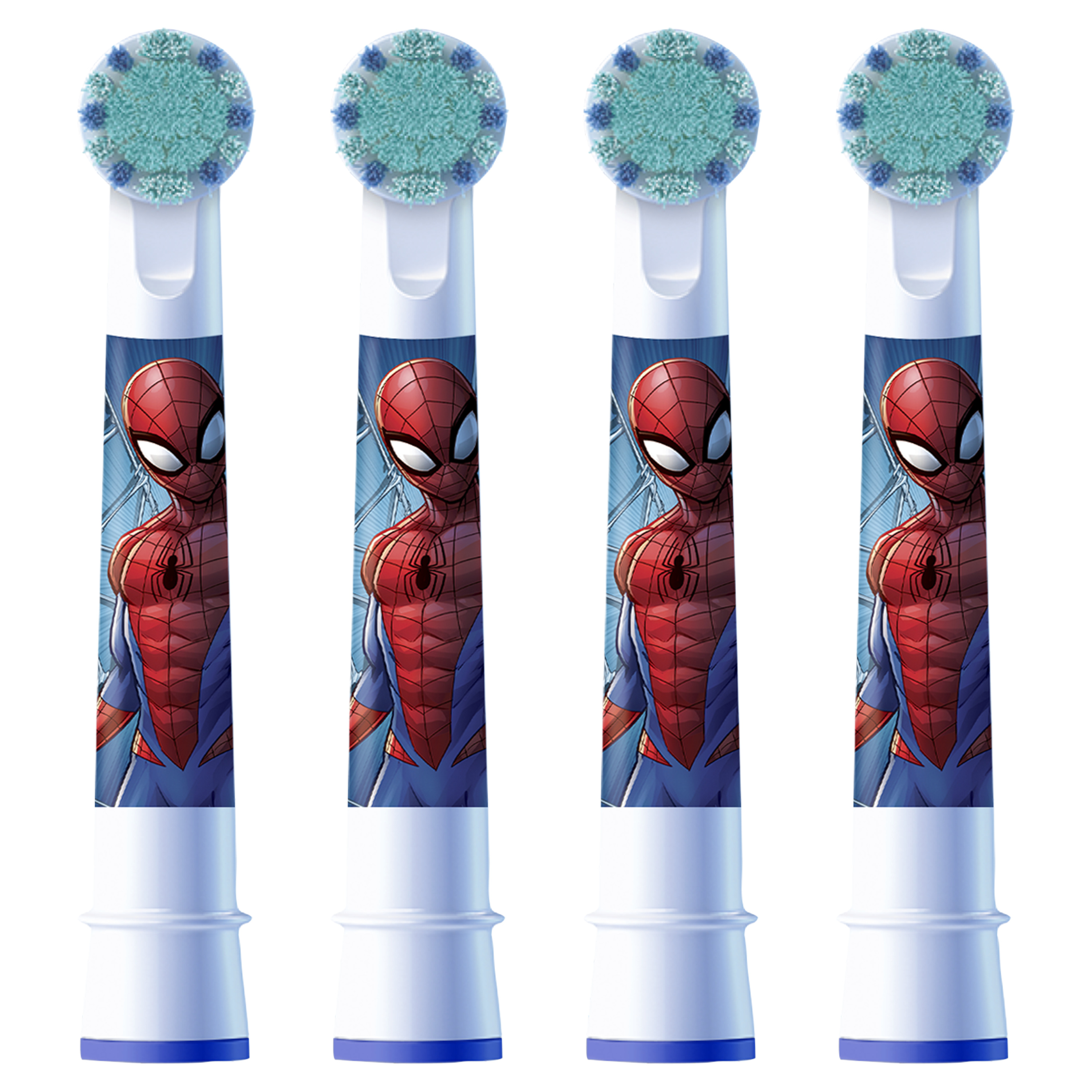 Cuatro cabezales de cepillo de dientes con diseños de Spider-Man. Tienen cerdas azules y una base azul y blanca.