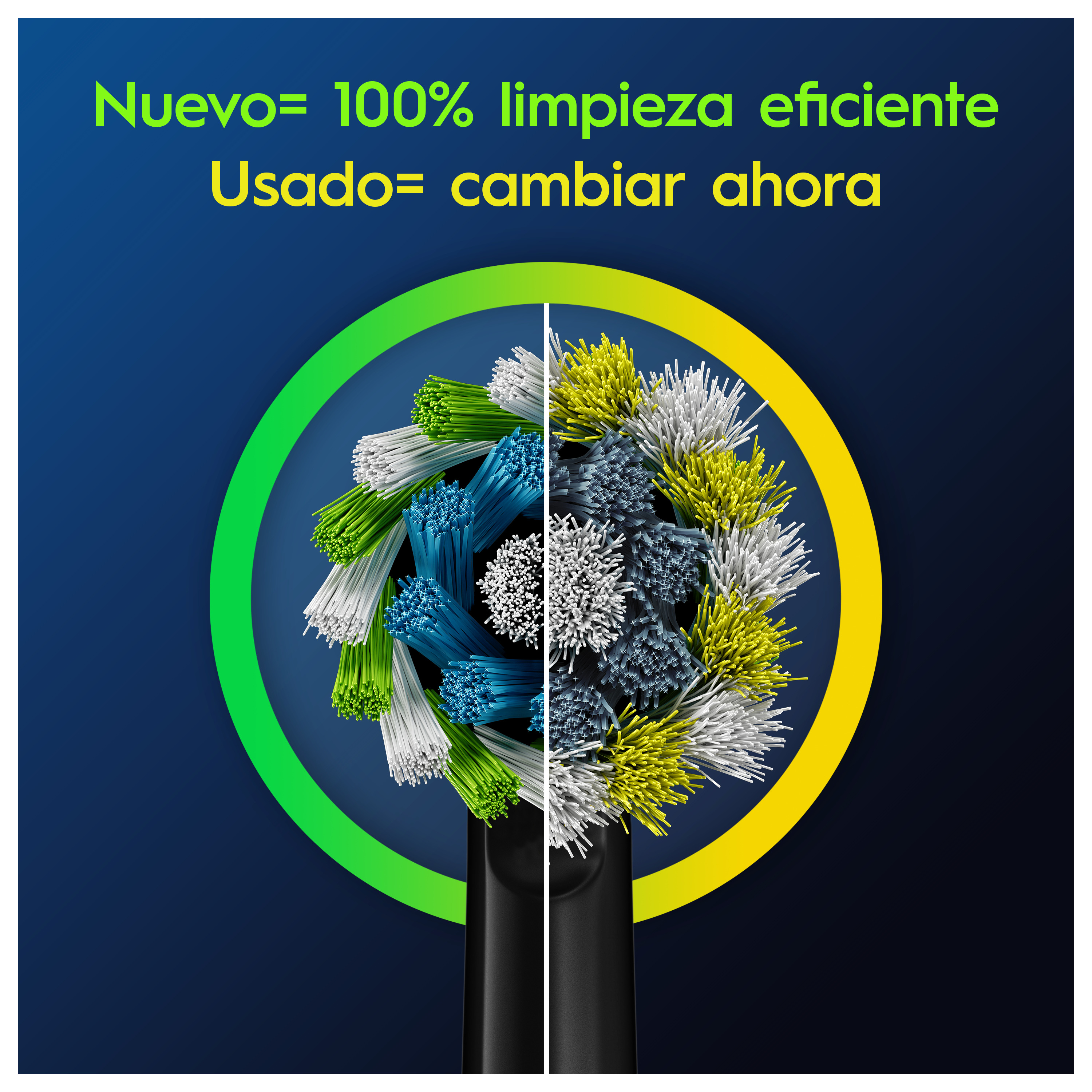 Cabezal de cepillo de dientes con cerdas verdes, azules y blancas. Texto arriba.