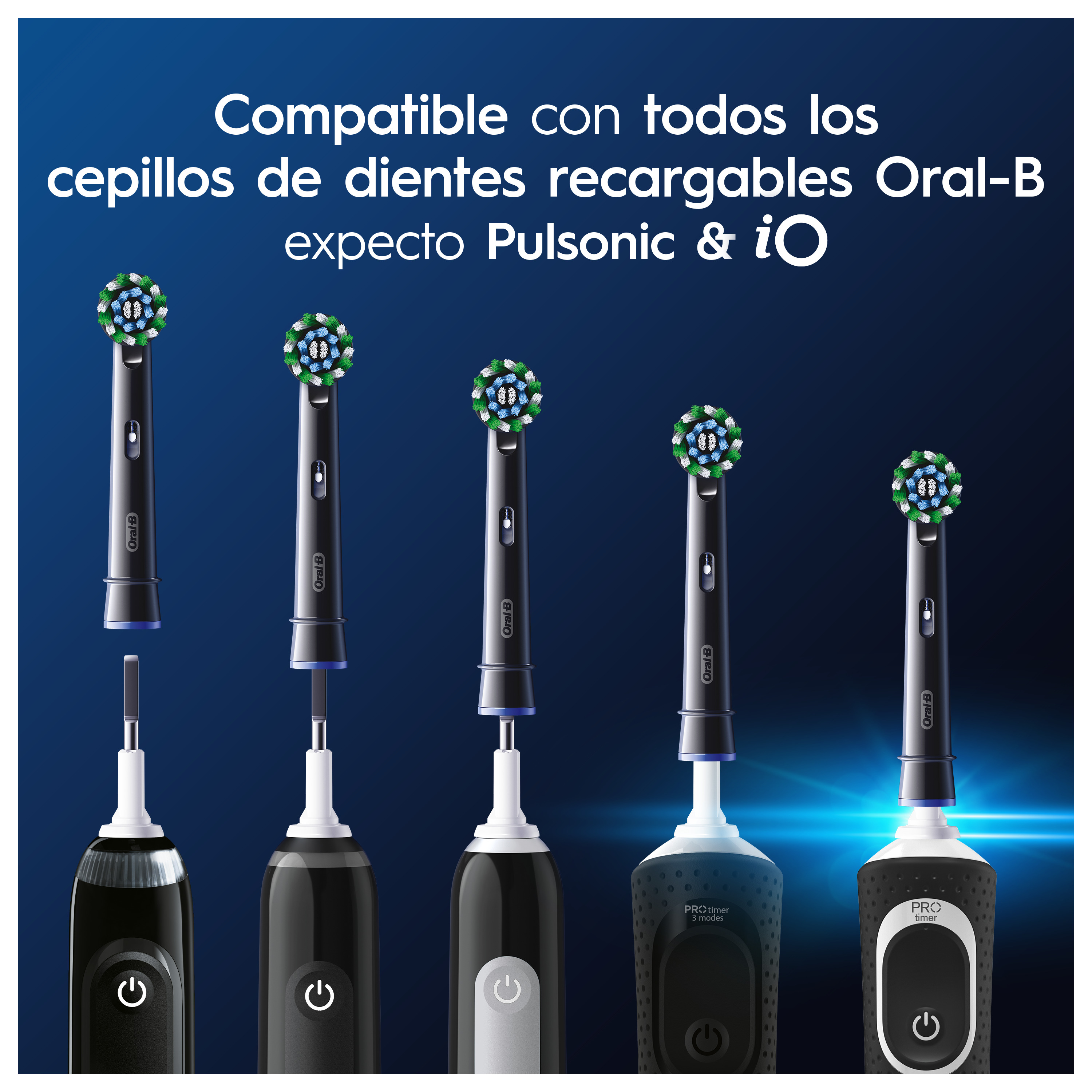 Cabezales y mangos de cepillos de dientes Oral-B sobre un fondo azul con texto.