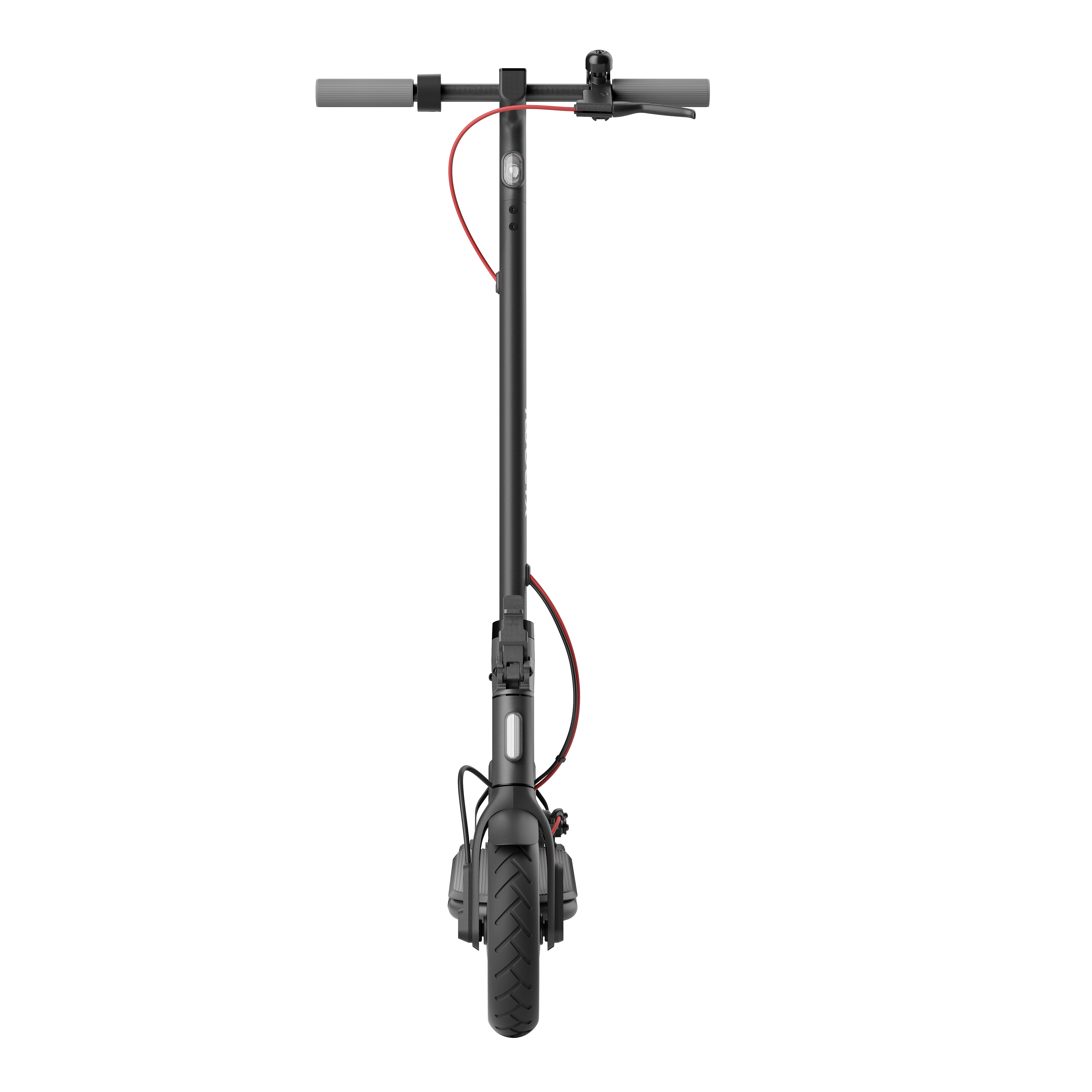Fekete elektromos roller, piros kábel, elölnézet, fehér háttér.