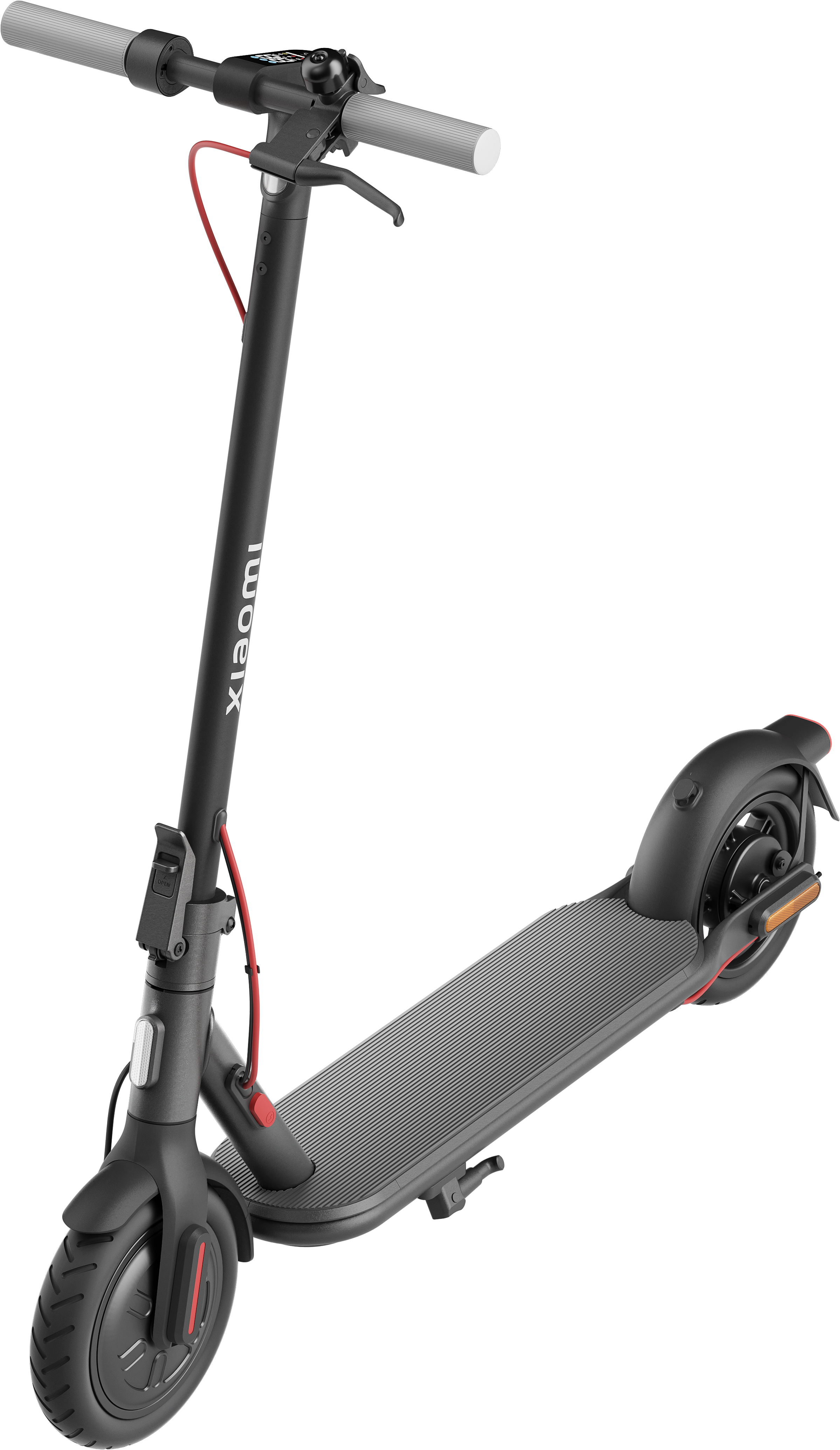 Fekete Xiaomi elektromos roller fehér háttérrel. Oldalról mutatja a rollert.