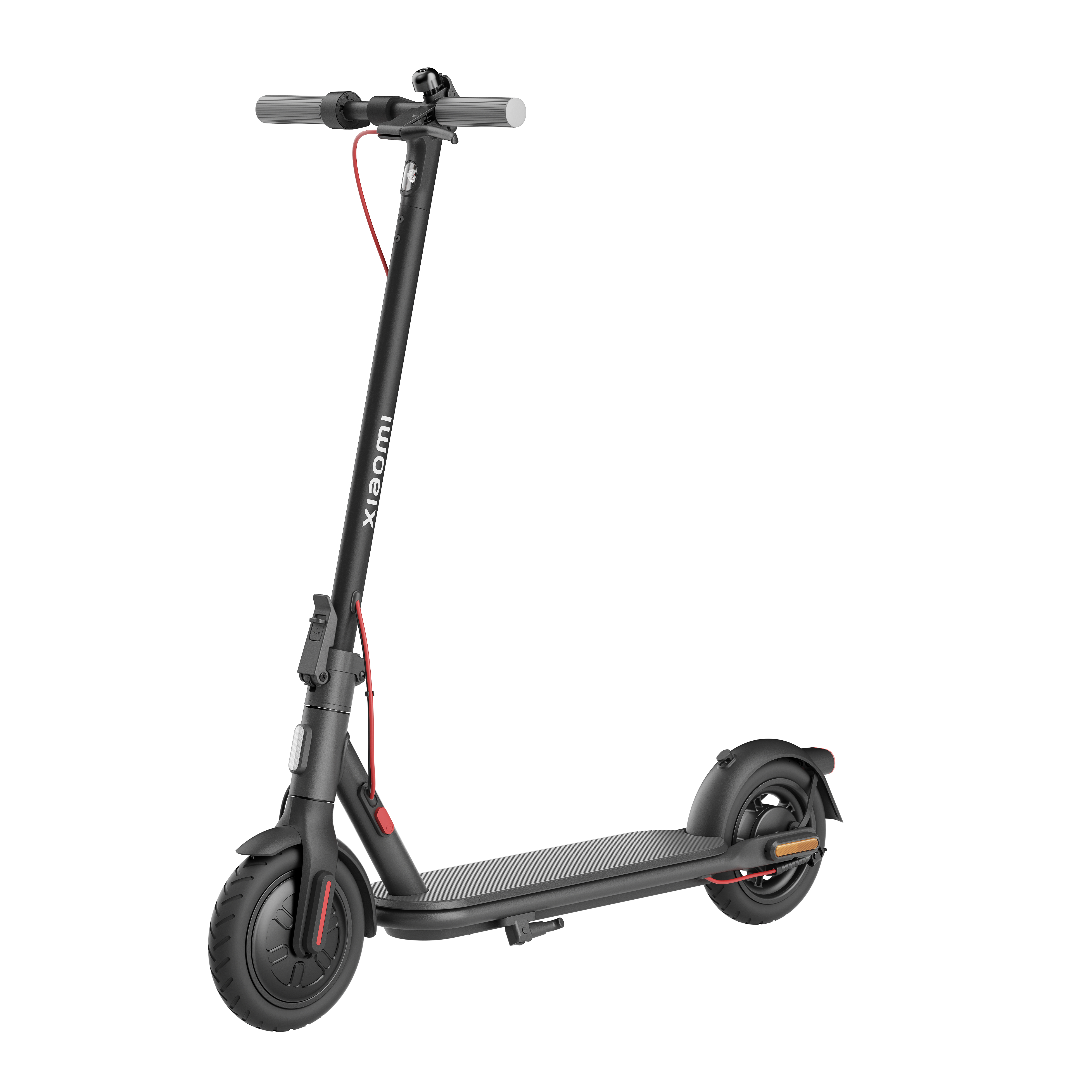 Egy fekete Xiaomi elektromos roller. A roller fekete testtel és piros díszítéssel rendelkezik.