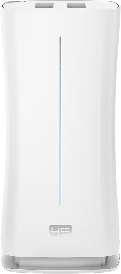 Weißer Luftbefeuchter mit vertikalem Lichtstreifen und digitaler Anzeige unten. Das Design ist schlank.