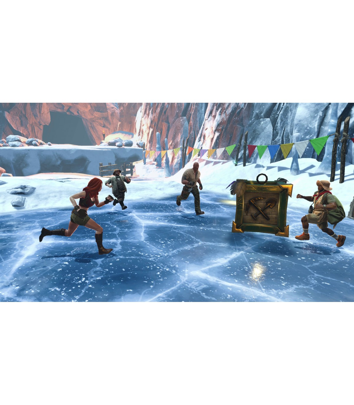 Una escena de videojuego con gente corriendo sobre hielo, persiguiendo un cofre del tesoro.