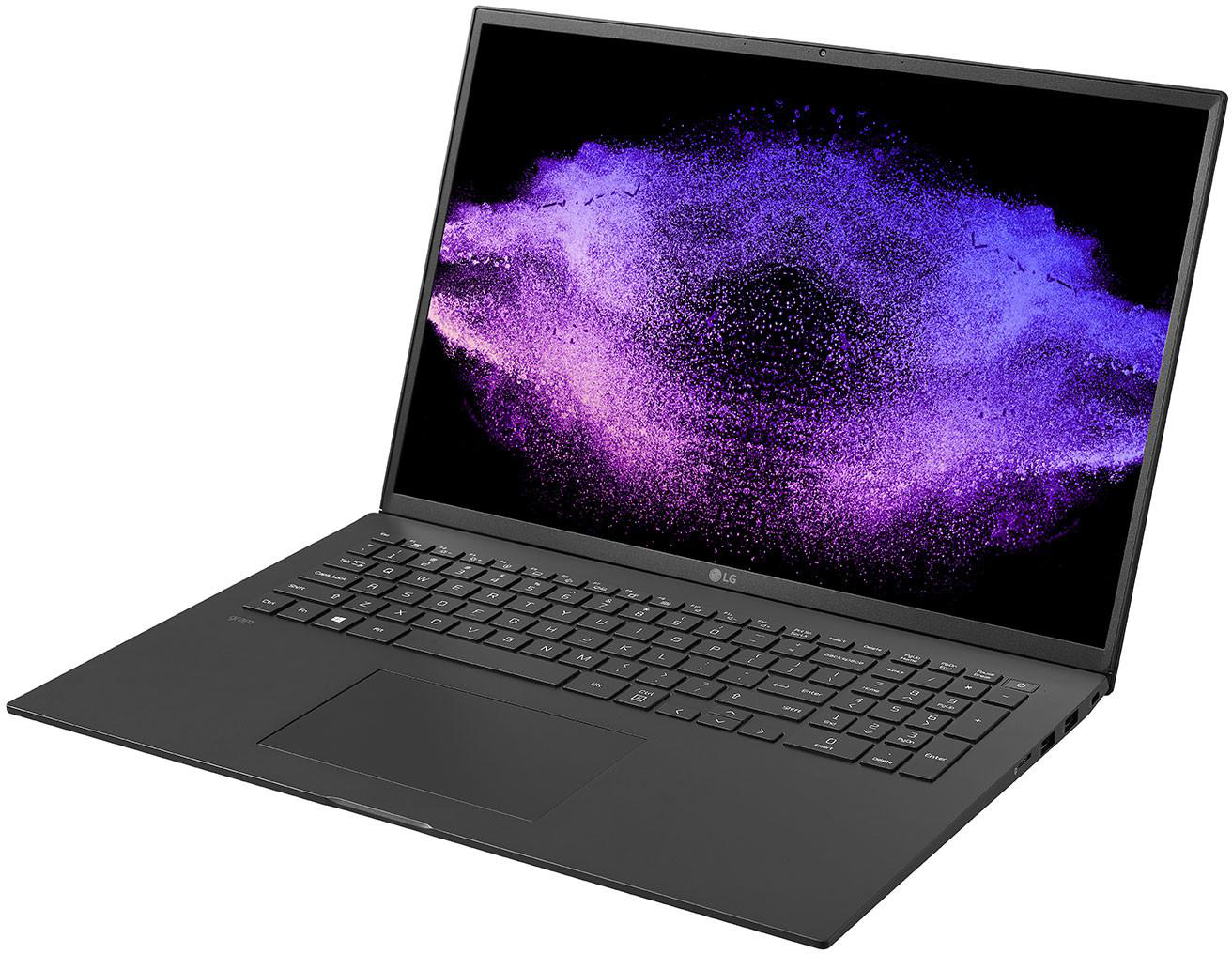 Schwarzer LG Laptop offen, mit lila-weißem, abstraktem Hintergrund.