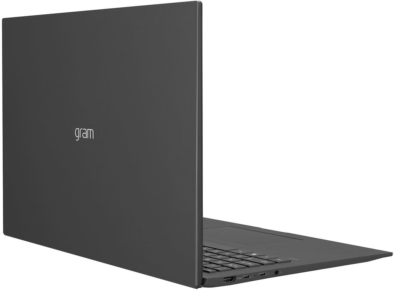 Dunkelgrauer LG Gram Laptop, teilweise geöffnet. Auf weißem Hintergrund.
